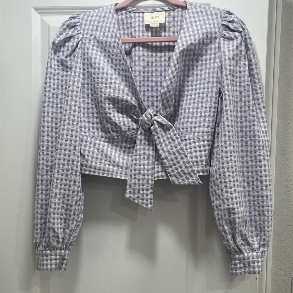 Anthropologie Lavender Gingham Blouse with Puff Sleeves